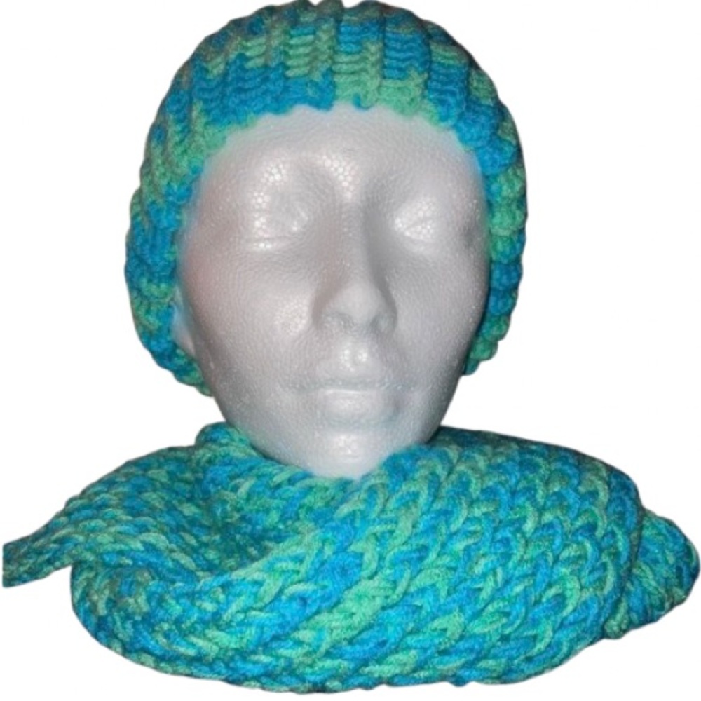 Handmade blue and green knit beanie hat and scarf set for adults